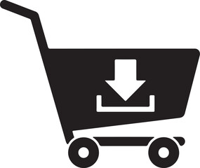 Minimalist black silhouette shopping cart icon side view for retail and e commerce