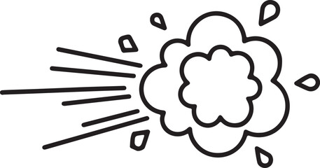 A dynamic black and white line drawing representing an explosion or burst effect with vibrant color accents