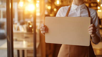 A person in a brown apron holding a blank sign in a warm, inviting space. Golden light streams through the window, casting a glow on the scene and highlighting the sign.