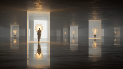 Obraz premium Conceptual image of person standing in reflective room with glowing lightbulbs symbolizing ideas