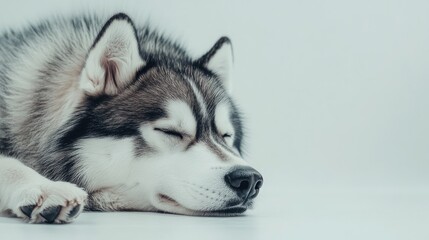 A photo showing a fluffy Siberian husky with its eyes closed, lying on a plain white background