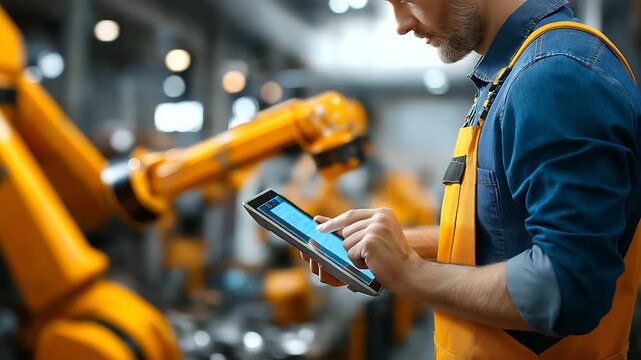 Robotics engineer programming AI driven robots in an industrial workshop interacting with a humanoid robot arm via tablet safety gear and blueprints around emphasizing