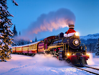 Magical Christmas steam train adorned with festive lights through a snowy winter landscape at twilight