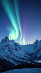 A serene snowy mountain range beneath a vibrant aurora borealis