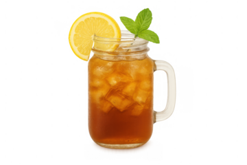 Iced tea with lemon and mint in a mason jar, a refreshing cold drink for staying hydrated on transparent background