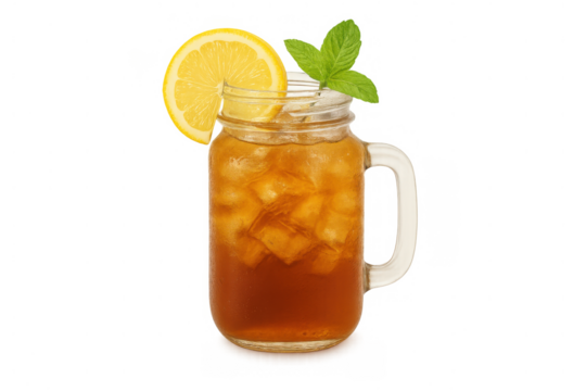 Iced tea with lemon and mint in a mason jar, a refreshing cold drink for staying hydrated on transparent background