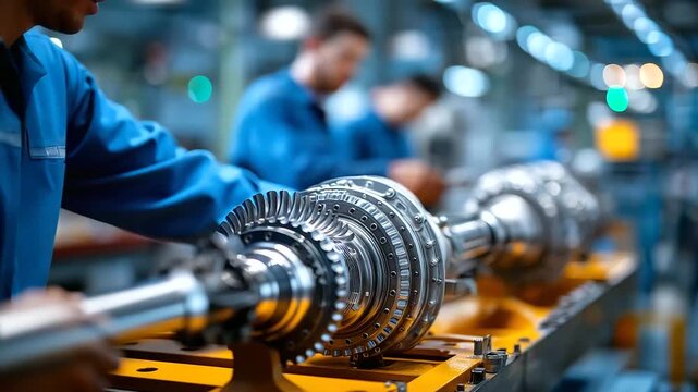 Assembly line in an aerospace factory where workers install low emission turbofan engines on a massive heavy lift transport vehicle tools and blueprints visible emphasizing trans