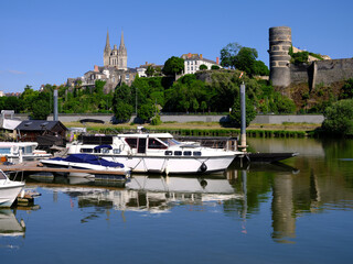 Marina on the Maine river, castle and cathedral Saint Maurice at Angers, is a commune in the Maine-et-Loire department, Pays de la Loire region, in western France 