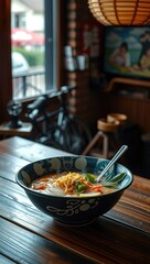 Ramen in a blue floral bowl with broth noodles and vegetables sits on a striped wood table A spoon rests in the bowl
