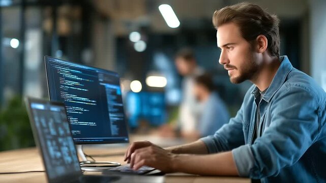 AI engineer developing software prototypes in a startup environment coding on a dual screen setup with integrated development tools prototypes of chatbots visible team