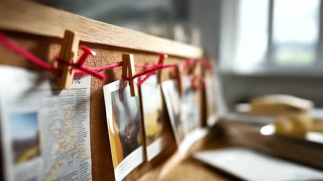 Detective evidence board red string connections photos suspects timeline investigation crime scene photographs newspaper clippings maps locations witness statements case files push