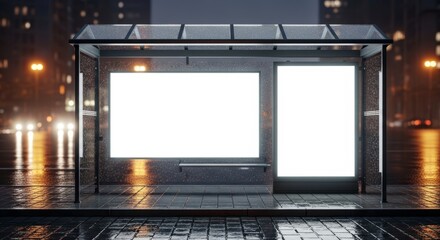 A blank bus stop shelter features two empty, brightly lit white advertisement billboards on a rainy city street at night.