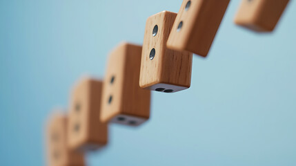 Domino Effect in Motion: Witness the captivating chain reaction of falling wooden dominoes against a clear blue backdrop. The precise design highlights anticipation, strategy, and cause-and-effect.
