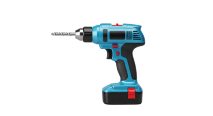 Blue cordless electric drill with red accents and black grip side view