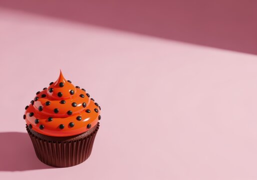 A cupcake with orange frosting and black polka dot sprinkles on a pink background. Minimalist sweet dessert with copy space for text