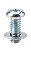Metal screw with washer and phillips head on white background