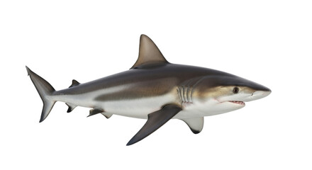 Fototapeta premium Great white shark isolated on white background showing majestic ocean predator