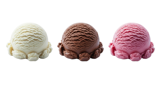 Vanilla, chocolate, and strawberry ice cream scoops on white background