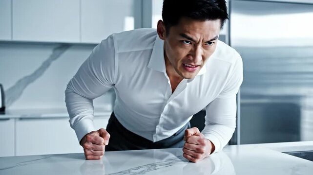 Intense emotional outburst by man in modern kitchen setting captured in dynamic sequence