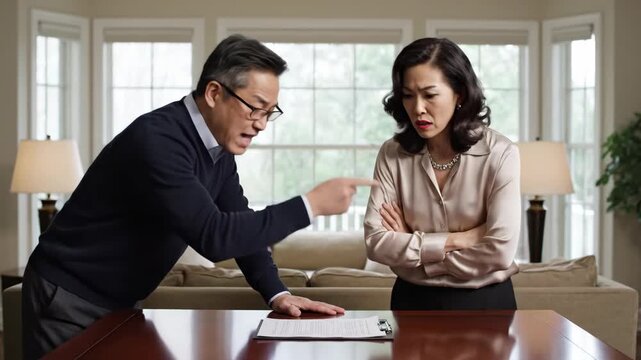 Intense discussion over table in modern living room setting