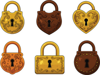 Decorative padlock vector set, ornate lock designs, heart and rounded shapes, gold and brown tones, front view, flat illustration
