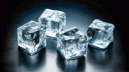 Obraz premium Close up of transparent ice cubes on reflective surface with cool blue light