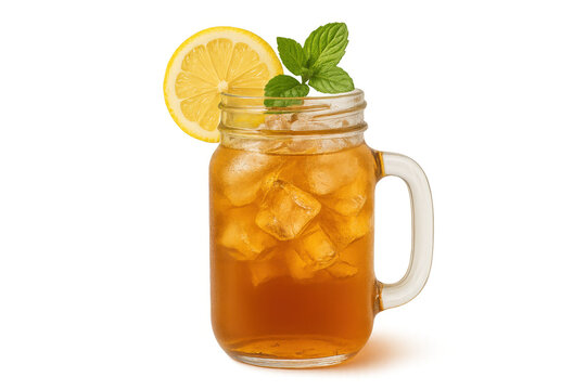 Iced tea with lemon and mint in a mason jar, a refreshing cold summer drink on transparent background