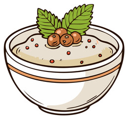 Fototapeta premium Creamy Dip or Sauce in Bowl with Berries and Mint Leaves Hand-Drawn Style