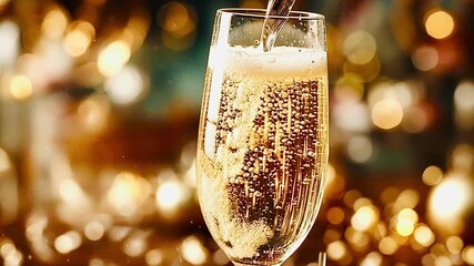 Golden sparkling champagne pouring into a flute glass with rising bubbles and foam against a background of festive golden bokeh lights. Celebrating a special occasion. Anniversary. Or new year's eve - Powered by Adobe