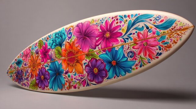 A surfboard adorned with bright flowers demonstrates creative skills and beach culture.