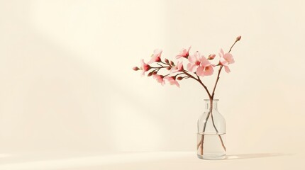Delicate pink flowers arranged in a clear vase on a soft beige background, enhancing the serene atmosphere of the setting