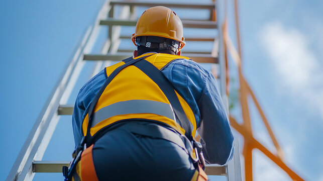 A construction worker is ascending a ladder wearing safety gear in an outdoor setting with a clear blue sky. The worker is seen from behind, emphasizing the height and the climb ahead.