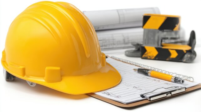 A bright yellow hard hat rests on a clipboard next to rolled blueprints and a pen symbolizing teamwork.