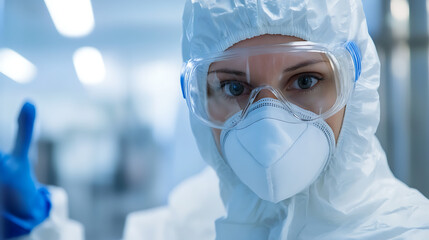 Female healthcare worker in protective suit, mask, and goggles, ensuring safety and hygiene in a medical setting. Focus on health protection. Close-up shot.