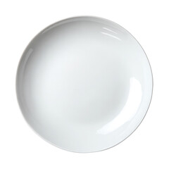 A clean, white, empty, round ceramic plate or shallow bowl with a subtle sheen, isolated on a solid transparent background. background removed