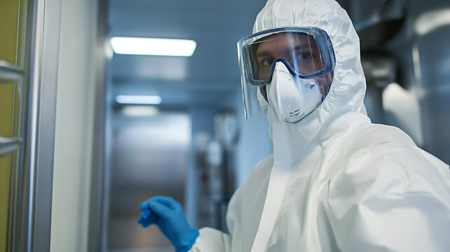 A healthcare worker in full PPE stands in a sterile corridor, eyes focused and alert. Their gloved hand holds a vial, ready for testing. A beacon of science and care.