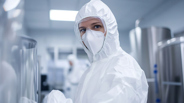 Focused lab worker in a clean suit and safety glasses, ensuring precision & safety. Sterile environment for pharmaceuticals, biotechnology, or research processes.