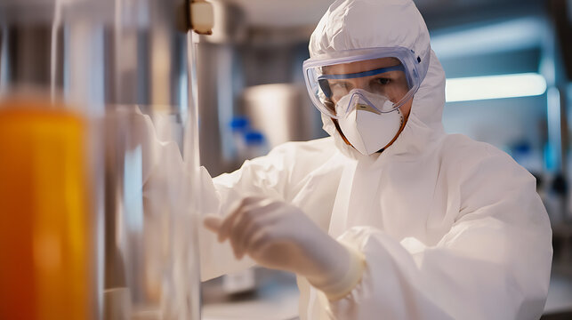 A researcher in a white hazmat suit, goggles, and mask meticulously examines lab equipment in a bright, sterile environment. Precision and safety are paramount in scientific research.