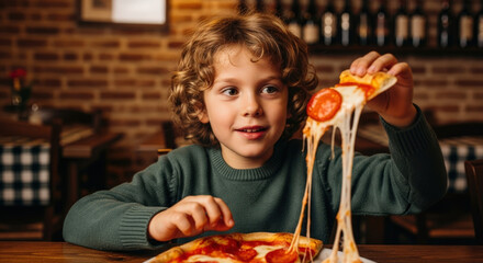 Happy child pulls a slice of hot pepperoni pizza with melting cheese in a cozy restaurant