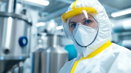 Focused researcher in full protective suit and mask, ensuring safety and precision in the lab. Her dedicated gaze speaks of meticulous work in a controlled environment.