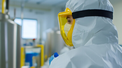 Scientist in cleanroom suit. Protective gear for the safety of research. A woman is wearing protective equipment and a mask for a medical research setting.