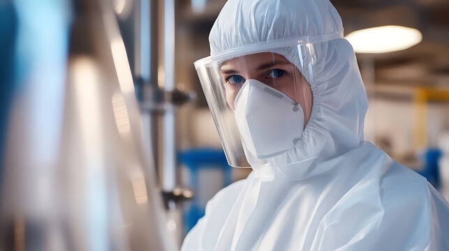 Close up of a lab worker wearing personal protective equipment. They are wearing a face shield, hood and mask. The lab is light with blue and metal equipment in the background. - Powered by Adobe