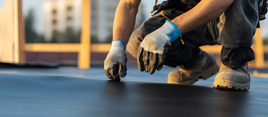 Roofer laying a new roof with protective gloves, squatting, focused work. The sun casts a gentle glow on the scene, highlighting the craftsmanship involved in roofing.