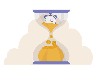 Time is money concept, time value of money, money saving. Hourglass, clock, sand and money