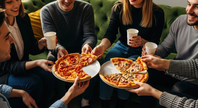 Group of happy diverse friends sharing pizza slices and drinks indoors, smiling and socializing together