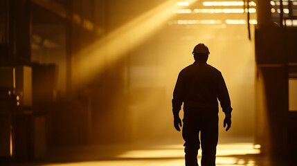 Obraz premium Silhouette of a construction worker in a safety helmet walking through a sunlit industrial interior, embodying labor, safety, and the working environment. A symbol of dedication.