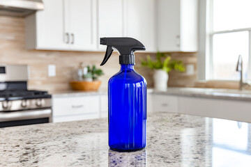 A blue spray bottle is positioned on a sleek granite counter in a bright modern kitchen. Natural light fills the space, enhancing its cleanliness and design