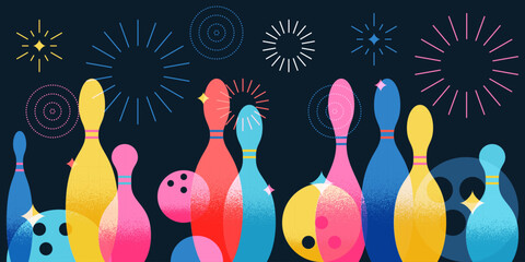 Vector bowling banner with colorful balls, pins, fireworks. Abstract background for sport club design, event poster
