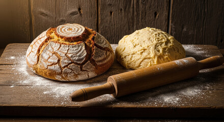 Freshly baked sourdough bread loaf and raw dough with a rolling pin on a rustic wooden table indoors