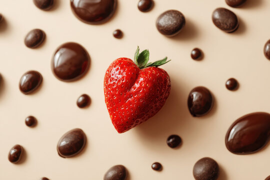 Heart-Shaped Strawberry with Melted Chocolate Drops on Beige Background – Romantic Dessert Concept
